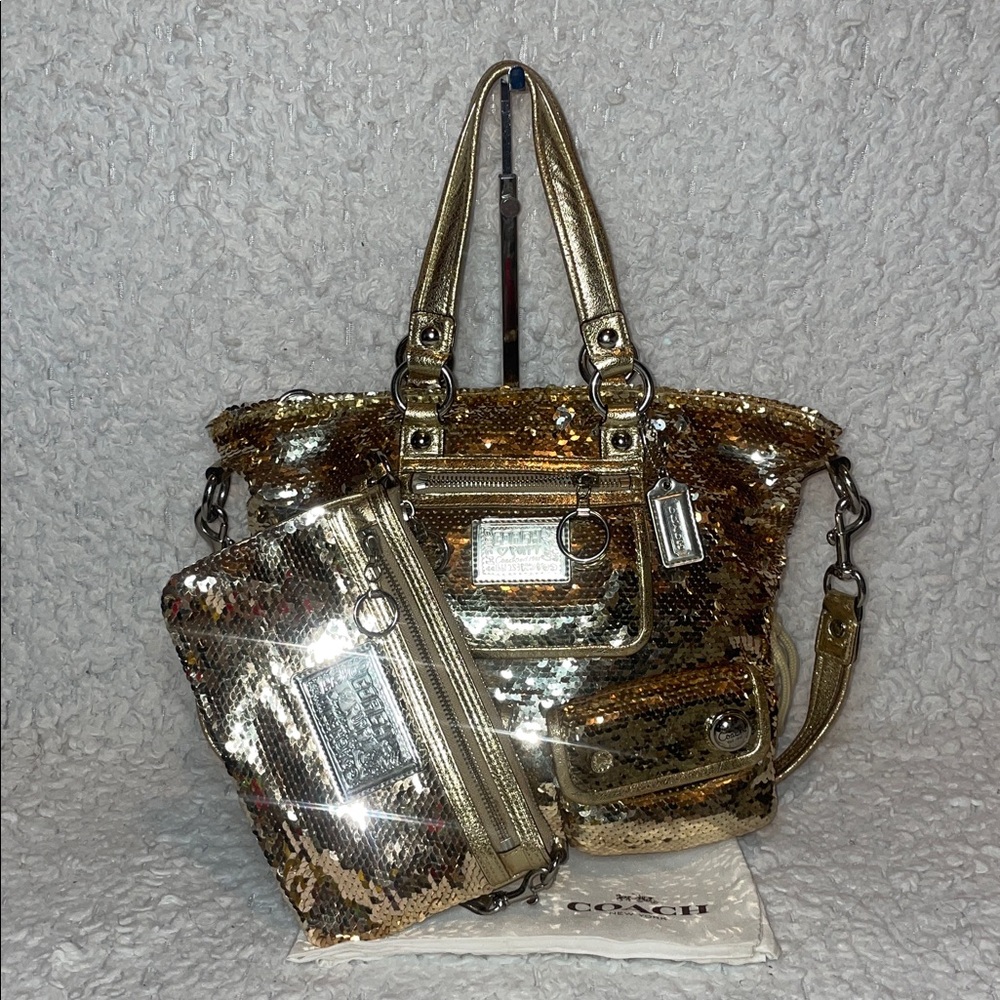 Coach Limited Edition Gold Sequin Poppy Spotlight Shoulder Bag & Wristlet Set - Picture 1 of 17